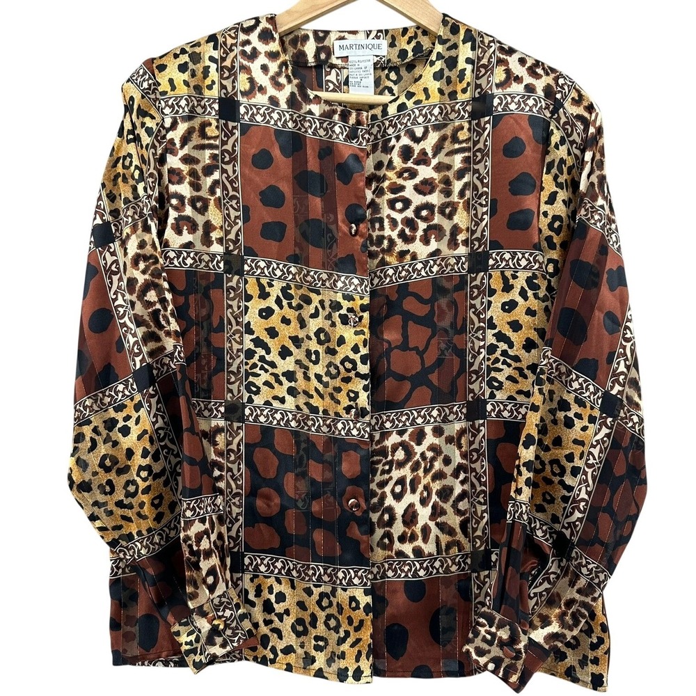 VTG Martinique Animal Print Blouse Sz 8 Patchwork Leopard Long Sleeve Retro Top
